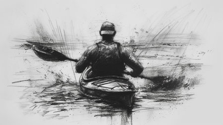 A canoeist on a river, black charcoal sketchの素材