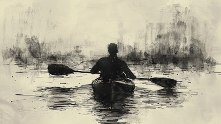 A canoeist on a river, black charcoal sketchの素材