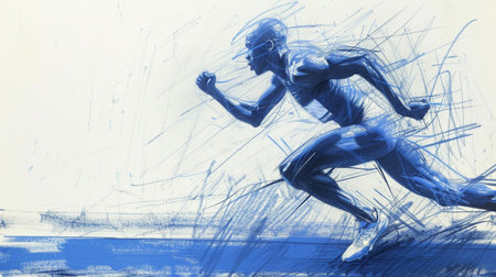 An athlete runs on the track, sketch in blue charcoalの素材