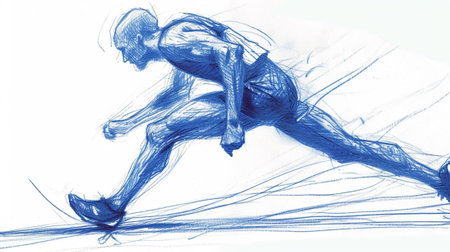 An athlete runs on the track, sketch in blue charcoalの素材