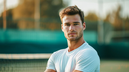 Portrait of a tennis player against the background of a tennis courtの素材