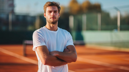 Portrait of a tennis player against the background of a tennis courtの素材