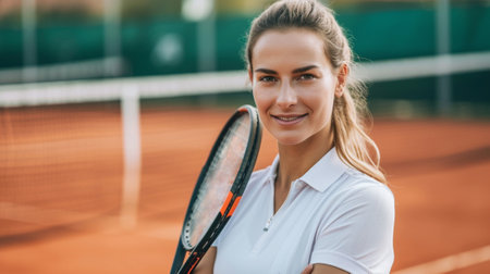 Portrait of a tennis player against the background of a tennis courtの素材