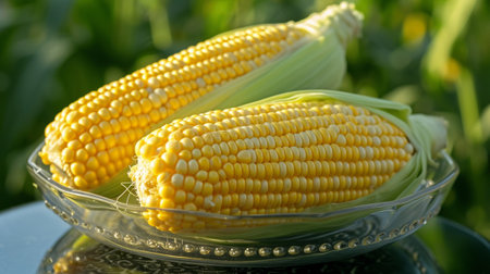 Fresh corn in a glass bowlの素材