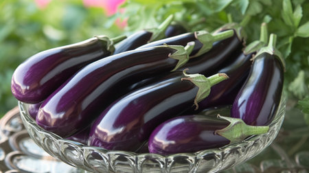 Eggplant in a glass bowl on the tableの素材
