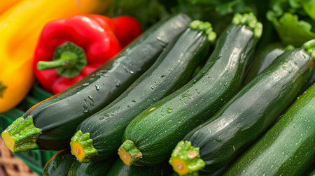Zucchini on a table with fresh vegetablesの素材