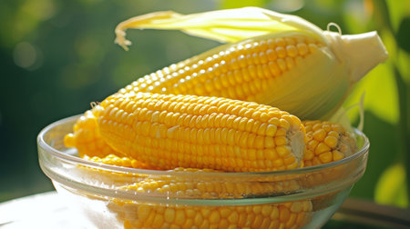 Fresh corn in a glass bowlの素材