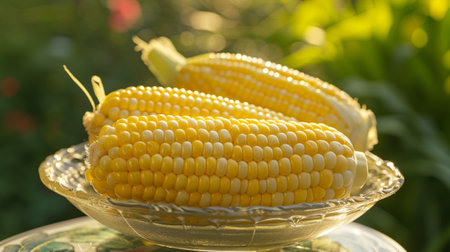 Fresh corn in a glass bowlの素材