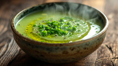 A pea soup on a wooden tableの素材