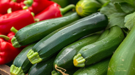 Zucchini on a table with fresh vegetablesの素材