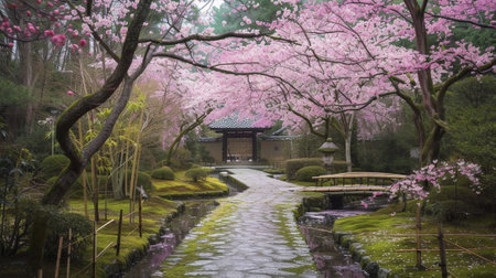 A landscape with a folding garden with sakura flowersの素材
