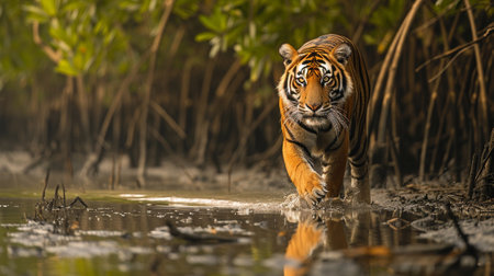 A Bengal tiger in a mangrove forestの素材