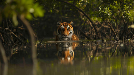 A Bengal tiger in a mangrove forestの素材