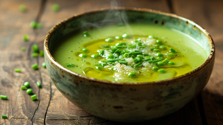 A pea soup on a wooden tableの素材