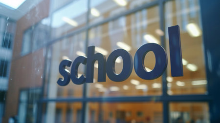 The word school on the background of a buildingの素材