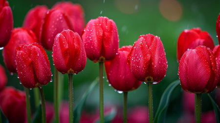 Red tulip flowers during the rainの素材