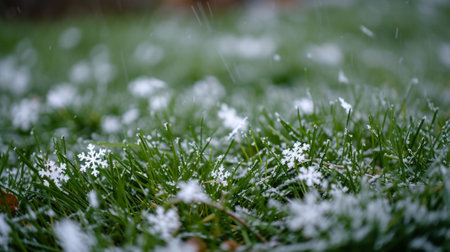 Snowflakes on green grassの素材