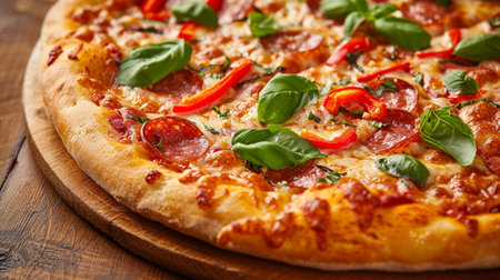 A delicious pizza on a wooden topの素材