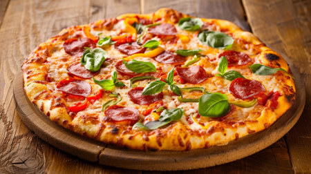 A delicious pizza on a wooden topの素材