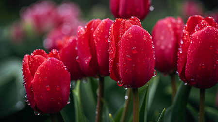Red tulip flowers during the rainの素材
