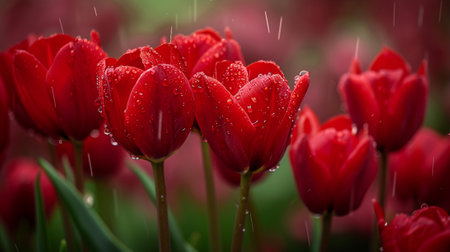 Red tulip flowers during the rainの素材