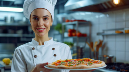A female chef with a pizza top in handの素材