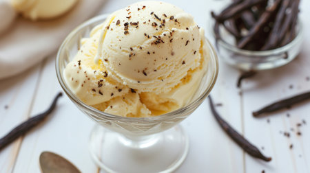 Delicious vanilla ice cream in a glass cupの素材