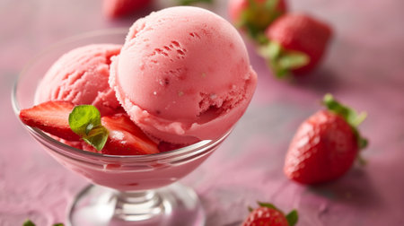 Delicious strawberry ice cream in a glass cupの素材
