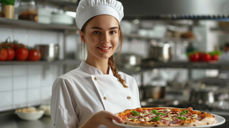 A female chef with a pizza top in handの素材