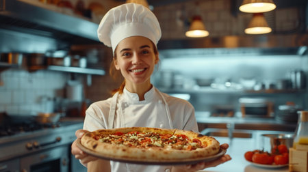 A female chef with a pizza top in handの素材