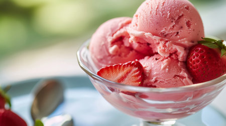 Delicious strawberry ice cream in a glass cupの素材