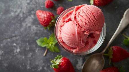 Delicious strawberry ice cream in a glass cupの素材