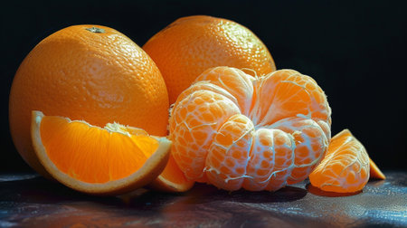 Delicious oranges on black backgroundの素材