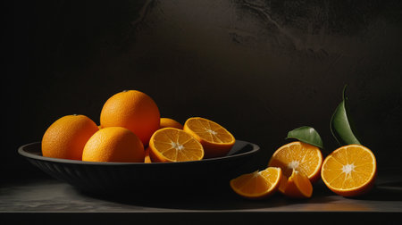 Delicious oranges on black backgroundの素材