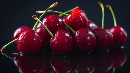 Delicious cherries on a black backgroundの素材