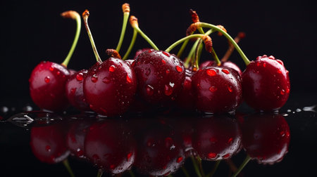Delicious cherries on a black backgroundの素材
