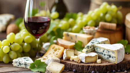 Cheese and grapes on a plate, with a glass of red wineの素材