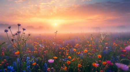 A field full of flowers at sunrise, the fog in the distanceの素材