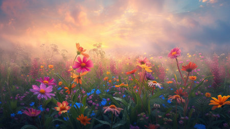 A field full of flowers at sunrise, the fog in the distanceの素材