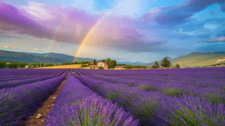 The rainbow over a field of lavenderの素材