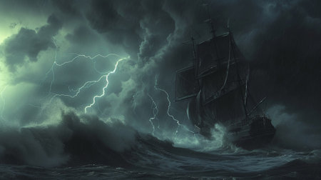 A ship with black sails in the storm at seaの素材