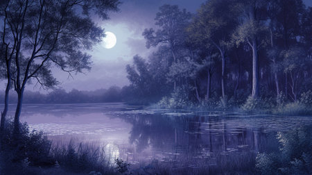 A purple sky with a full moon above a lake in the forestの素材