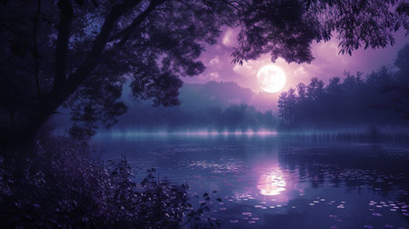 A purple sky with a full moon above a lake in the forestの素材