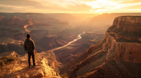A person admires the sunrise over a canyonの素材