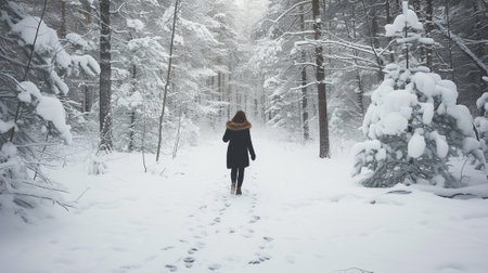 A person walks through a forest in winterの素材