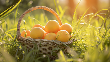 A basket of oranges in the grassの素材