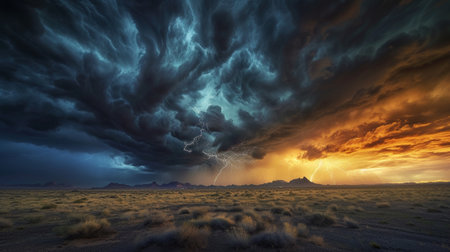 A storm with lightning in the desertの素材