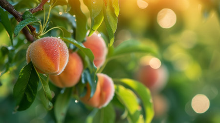 Peaches growing on the tree, close upの素材