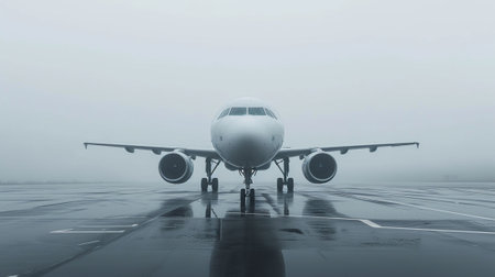 An airplane on the runway, gloomy weatherの素材