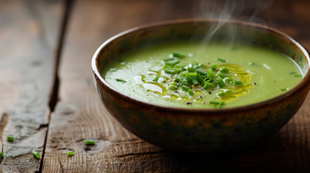 A pea soup on a wooden tableの素材